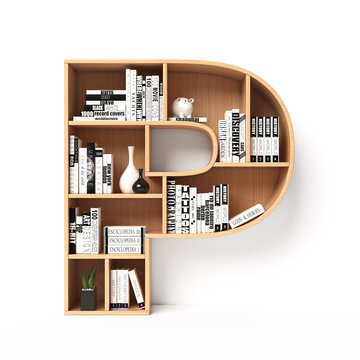 Bookshelves 3d font. Alphabet in the form of book shelves. Mockup font.  Letter P 3d rendering