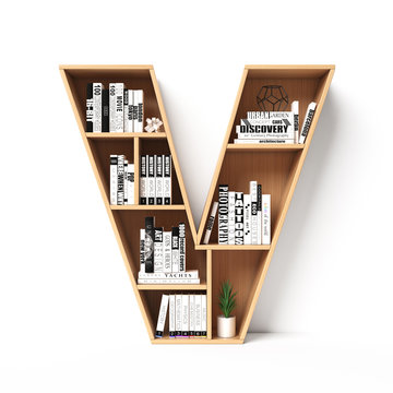 Bookshelves 3d font. Alphabet in the form of book shelves. Mockup font.  Letter V 3d rendering