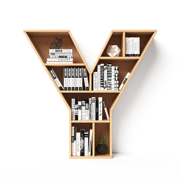 Bookshelves 3d font. Alphabet in the form of book shelves. Mockup font.  Letter Y 3d rendering