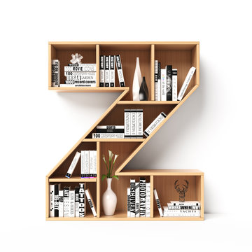 Bookshelves 3d font. Alphabet in the form of book shelves. Mockup font.  Letter Z 3d rendering