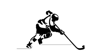 Continuous line drawing. Black and white illustration shows hockey player in attack. Ice Hockey. Vector illustration