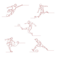 Continuous line drawing. Set of a football player kicks the ball. Soccer. Vector illustration
