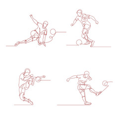 Continuous line drawing. Set of a football player kicks the ball. Soccer. Vector illustration