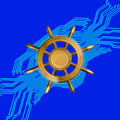 Obraz premium element of circuit board pattern and old ship vintage, wooden steering wheel isolated on blue background as a leadership navigate in the information technology world concept.