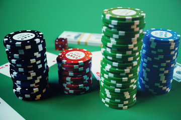 3D illustration casino game. Chips, playing cards for poker. Poker chips, red dice and money on green table. Online casino concept