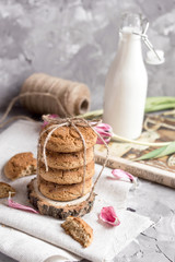 Delicious oatmeal cookies with milk on the light concrete background.