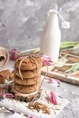 Delicious oatmeal cookies with milk on the light concrete background.