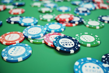 3D illustration playing chips, cards and money for casino game on green table. Real or Online casino concept.