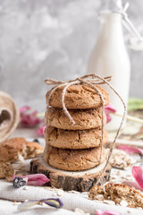 Delicious oatmeal cookies with milk on the light concrete background.