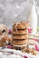 Delicious oatmeal cookies with milk on the light concrete background.