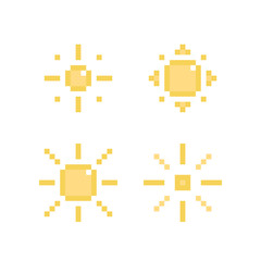 Set, collection of pixel sun icons isolated on white background.