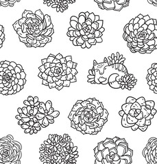 Succulents and cute cat outline seamless pattern. Ideal for coloring page