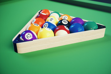 3D illustration recreation sport. Billiards balls with on green billiards table. Billiard sport concept. Pool billiard game