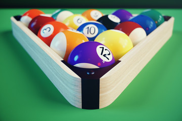 3D illustration recreation sport. Billiards balls with on green billiards table. Billiard sport concept. Pool billiard game