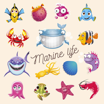 Marine Life. Cartoon Fun Sea And Ocean Animals Set. Vector Illustration, Isolated On White Background