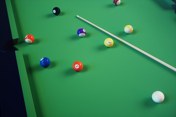 3D illustration recreation sport. Billiards balls with cue on green billiards table. Billiard sport concept. Pool billiard game