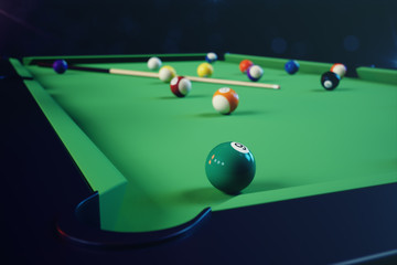 3D illustration recreation sport. Billiards balls with cue on green billiards table. Billiard sport concept. Pool billiard game