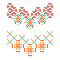 Set of 2 necklaces in american indian style. Embroidery dotted schemes. Pixel navajo neckline. Textile geo prints. Beading chevron design. Boho belt. Cross stitching ornament.