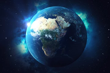 Crédence de cuisine en verre imprimé Pleine Lune arbre Globe terrestre de rendu 3D. Globe terrestre avec toile de fond étoiles et nébuleuse. Terre, galaxie et soleil depuis l& 39 espace. Lever du soleil bleu. Éléments de cette image fournis par la NASA.