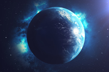 3D Rendering World Globe. Earth Globe with Backdrop Stars and Nebula. Earth, Galaxy and Sun From Space. Blue Sunrise. Elements of this image furnished by NASA.