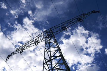 Power Lines: Low-angle shot of a pylon of a 110 KV high-voltage power line