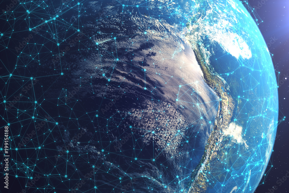 Poster 3d rendering network and data exchange over planet earth in space. connection lines around earth glo