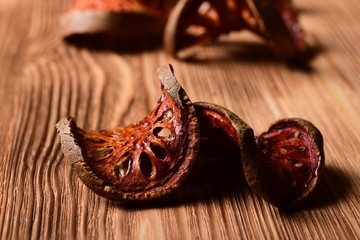 Close up macro slices of dried bael fruit - obrazy, fototapety, plakaty