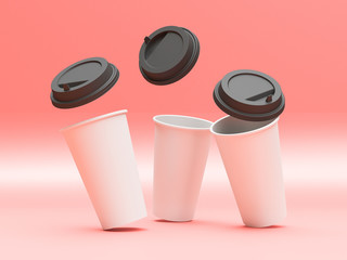 3d model of paper cups with a lid standing on a plane under natural light. Red background. Rendering.
