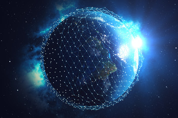 Fototapeta na wymiar 3D rendering Network and data exchange over planet earth in space. Connection lines Around Earth Globe. Blue Sunrise. Global International Connectivity. Elements of this image furnished by NASA