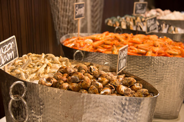 Seafood on ice in restaurant buffet ocean