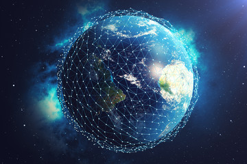 Fototapeta na wymiar 3D rendering Network and data exchange over planet earth in space. Connection lines Around Earth Globe. Global International Connectivity. Elements of this image furnished by NASA