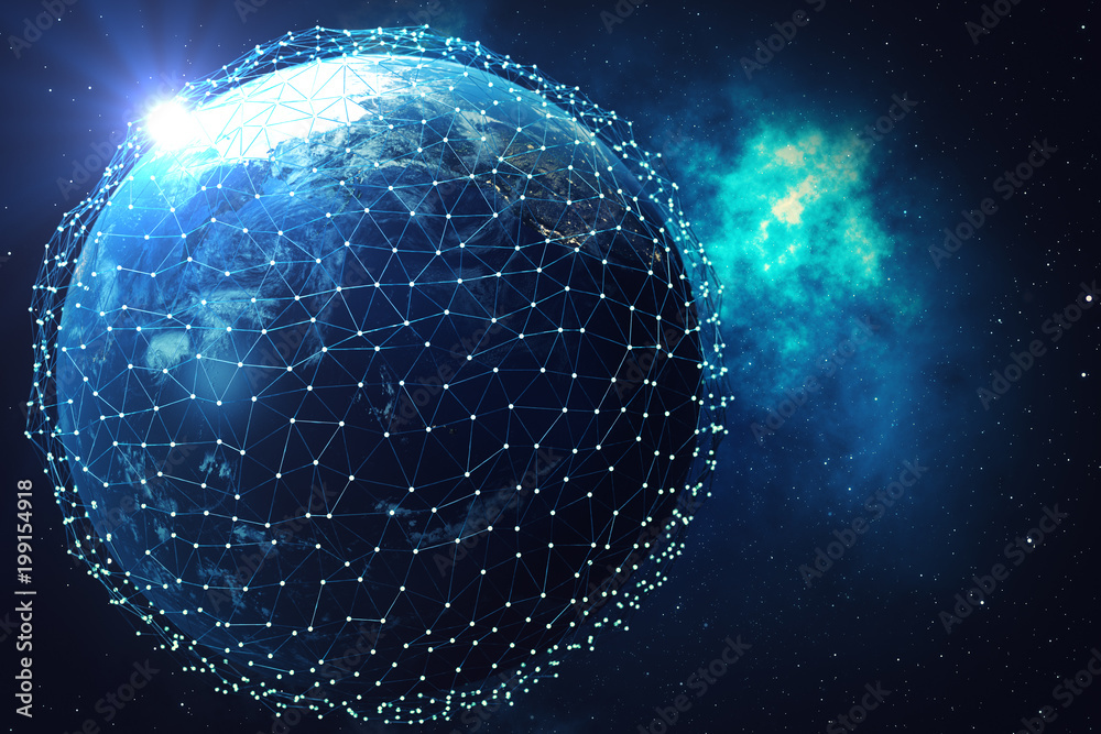 Poster 3d rendering network and data exchange over planet earth in space. connection lines around earth glo