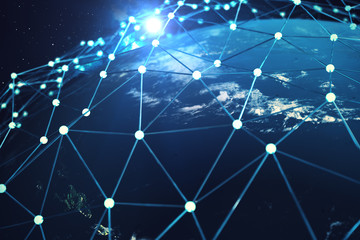 3D rendering Network and data exchange over planet earth in space. Connection lines Around Earth Globe. Blue Sunrise. Global International Connectivity. Elements of this image furnished by NASA