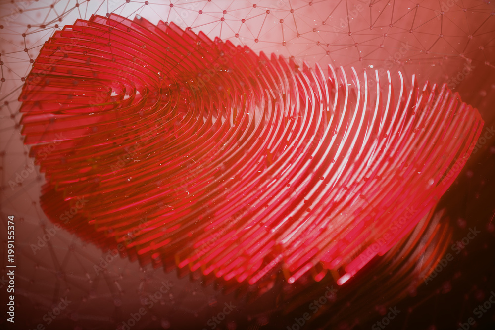 Poster 3d illustration fingerprint scan provides security access with biometrics identification. personal d
