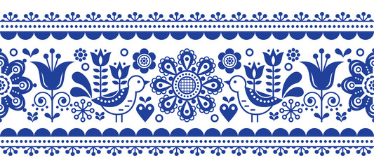 Panele Szklane  Skandynawski bezszwowy wzór wektorowy z kwiatami i ptakami, powtarzalny granatowy ornament skandynawskiej sztuki ludowej