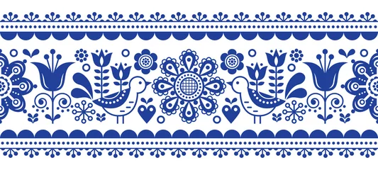 Tapeten Skandinavischer Stil Skandinavisches nahtloses Vektormuster mit Blumen und Vögeln, sich wiederholendes marineblaues Ornament der nordischen Volkskunst