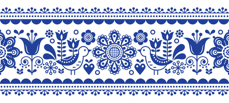 Fototapeta Scandinavian seamless vector pattern with flowers and birds, Nordic folk art repetitive navy blue ornament