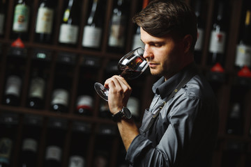 Bokal of red wine on background, male sommelier appreciating drink © Ilshat