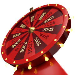 3d illustration red wheel of luck or fortune. Realistic spinning fortune wheel. Wheel fortune isolated on white background.
