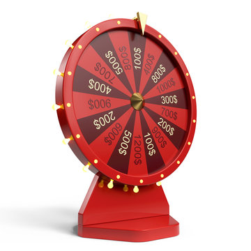 3d illustration red wheel of luck or fortune. Realistic spinning fortune wheel. Wheel fortune isolated on white background.