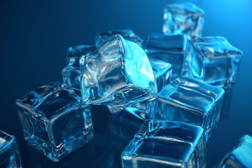 3D rendering ice cube on blue tint background. Frozen water cube