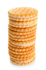 Stack of biscuit cookies on white background