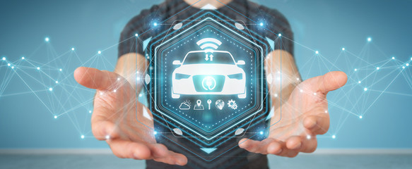 Businessman using modern smart car interface 3D rendering