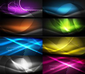 Vector collection of glowing neon shapes in dark abstract backgrounds