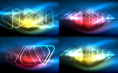 Vector collection of glowing neon shapes in dark abstract backgrounds