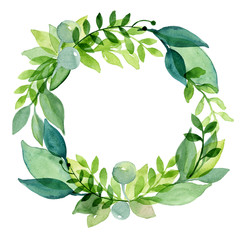 Watercolor wreath on white background. Green bright leaves and branchlets