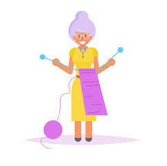 Grandmother knitting a scarf isolated, vector