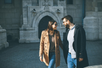 Fototapeta na wymiar Loving couple walking in Budapest, Hungary
