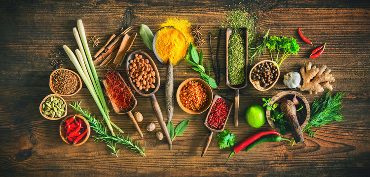 Colourful various herbs and spices for cooking