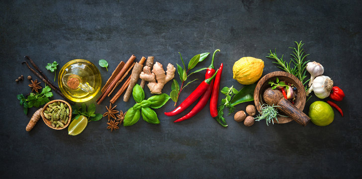 Fresh aromatic herbs and spices for cooking